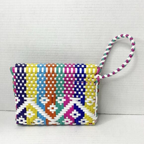 Maria Victoria Wristlet Clutch PVC Plastic Straw Handcrafted Mexico Multicolor - Picture 2 of 8